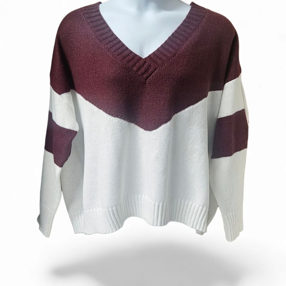 Plus Size Women's V- Neck LongSleeve Maroon & White Oversized Sweater 2X - Picture 2 of 11